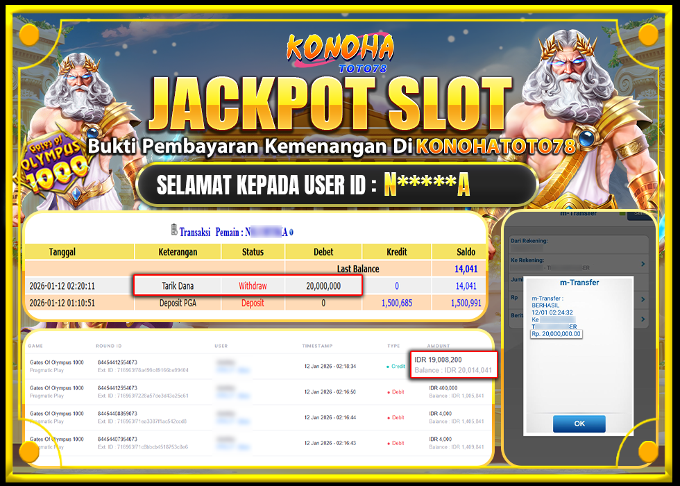 KONOHATOTO78 JACKPOT GATES OF OLYMPUS 1000 Rp.20.000.000,LUNAS